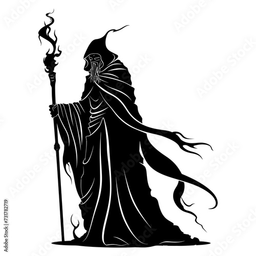 Silhouette mage with staff full body black color only