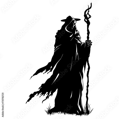 Silhouette mage with staff full body black color only