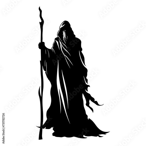 Silhouette mage with staff full body black color only