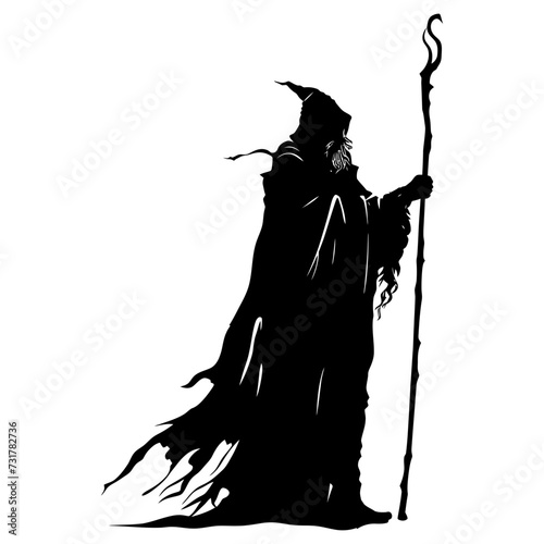 Silhouette mage with staff full body black color only