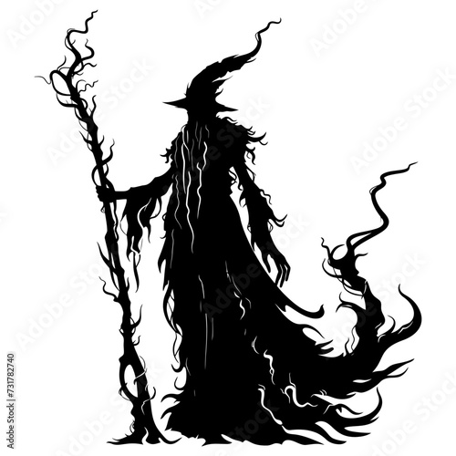Silhouette mage with staff full body black color only