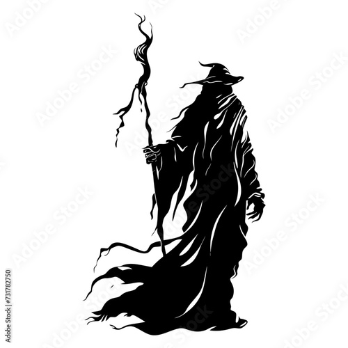Silhouette mage with staff full body black color only