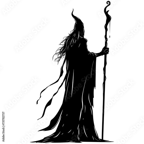 Silhouette mage with staff full body black color only
