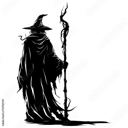 Silhouette mage with staff full body black color only