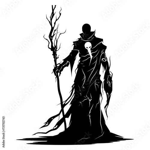Silhouette mage with staff full body black color only