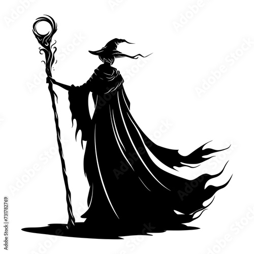 Silhouette mage with staff full body black color only
