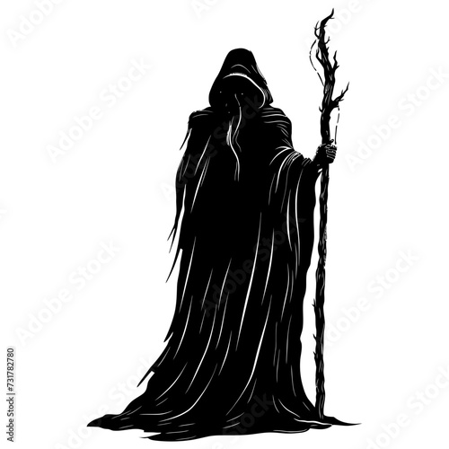 Silhouette mage with staff full body black color only