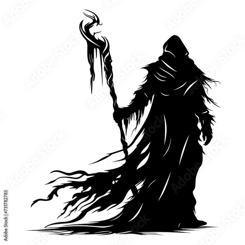Silhouette mage with staff full body black color only