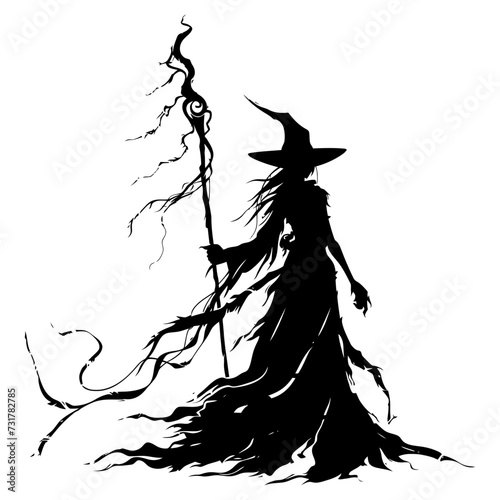 Silhouette mage with staff full body black color only