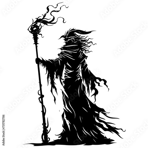 Silhouette mage with staff full body black color only