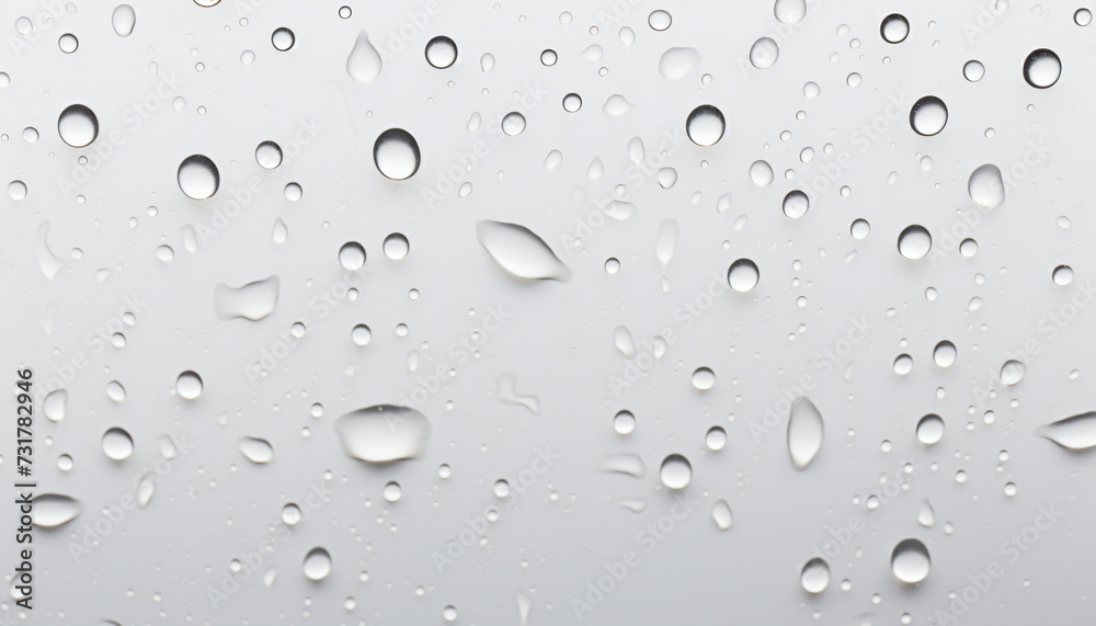 Realistic water drops on white background. Drops of water condensed, isolated. Realistic raindrops on a white background. Liquid, H2O, hydrogen.  Drops of water in motion.