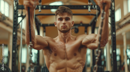 A young man is exercising in the gym.