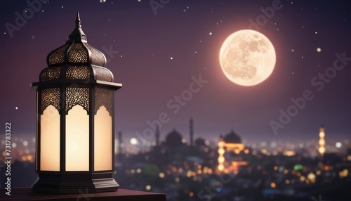 Lantern-that-have-moon-symbol-on-top-with-city-bokeh-light-and-blurred-focus-of-mosque-background