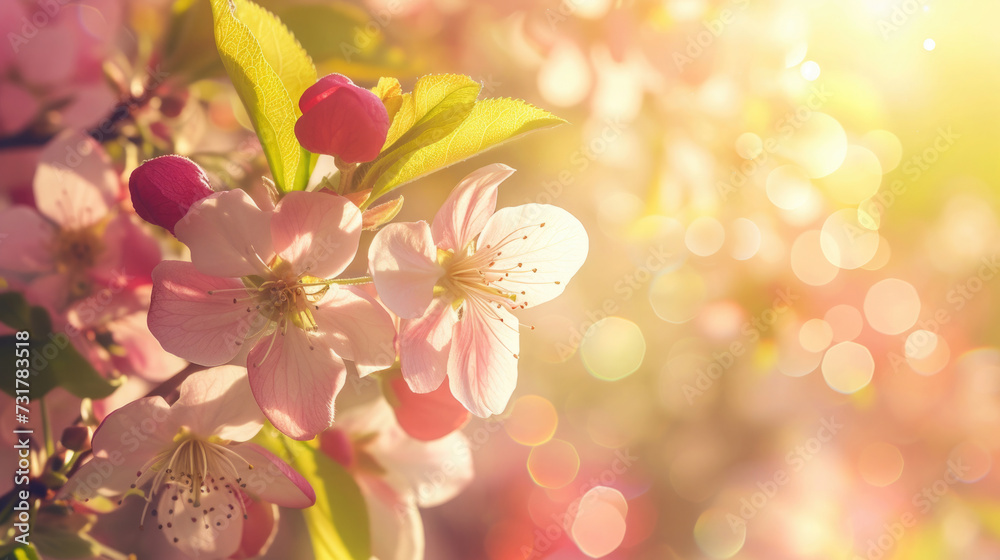 spring blooming branch with pink cherry flowers, sakura, blurred background with bokeh, sunlight sunset light