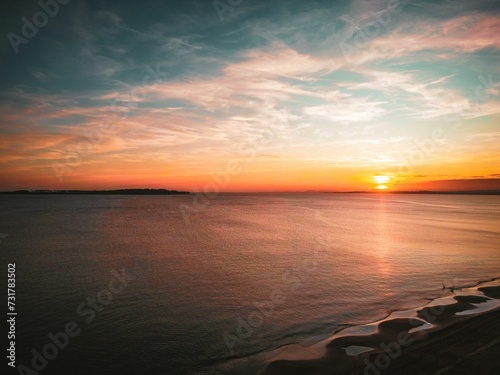 An aerial view of a beautiful sunset over Punta del Este beach