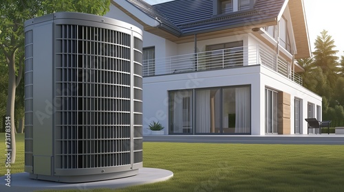 An efficient air heat pump elegantly placed near a modern house.
