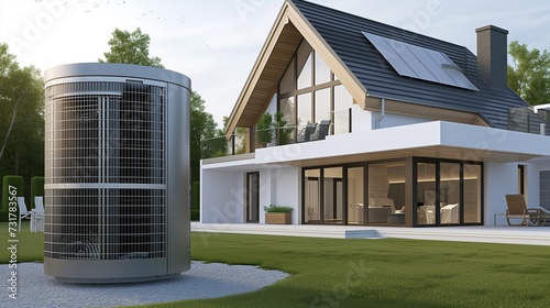 An efficient air heat pump elegantly placed near a modern house.