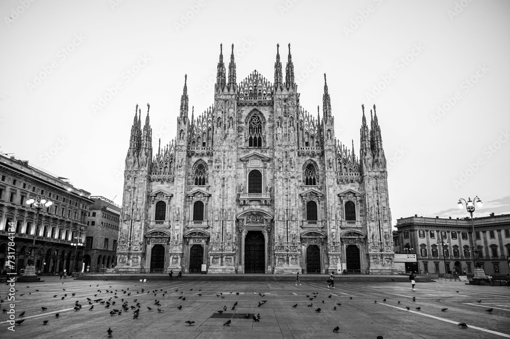 Grayscale of the majestic Milan Cathedral