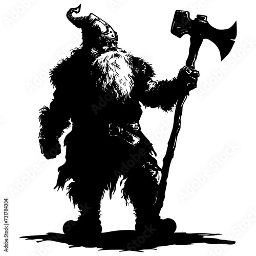 Silhouette dwarf mythical race from game with ax black color only