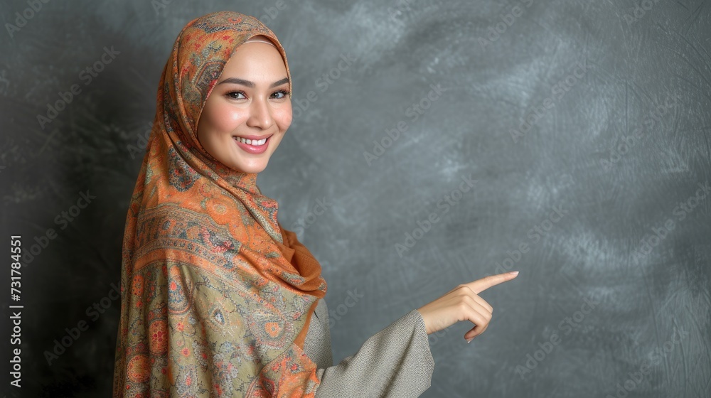 Beautiful young attractive woman in hijab pointing fingers up isolated over grey backround. Showing something with happy. Beautiful young attractive woman in hijab pointing fingers up isolated over grey backround. Showing something with happy.