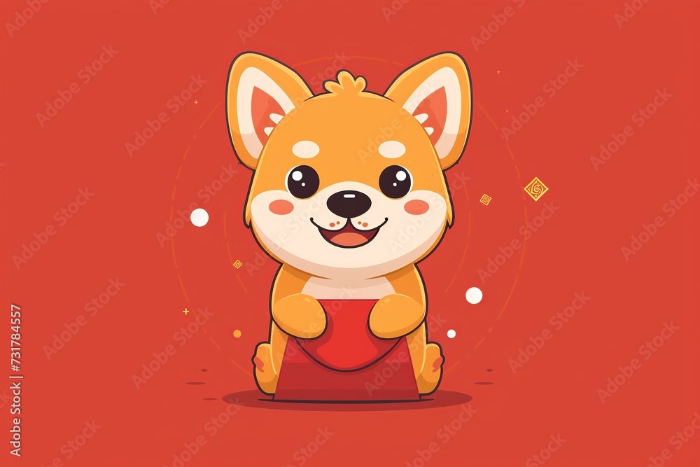 Cheerful chibi-style dog with a joyful expression against a vibrant red lucky envelope in a playful flat logo illustration Cheerful chibi-style dog with a joyful expression against a vibrant red lucky envelope in a playful flat logo illustration