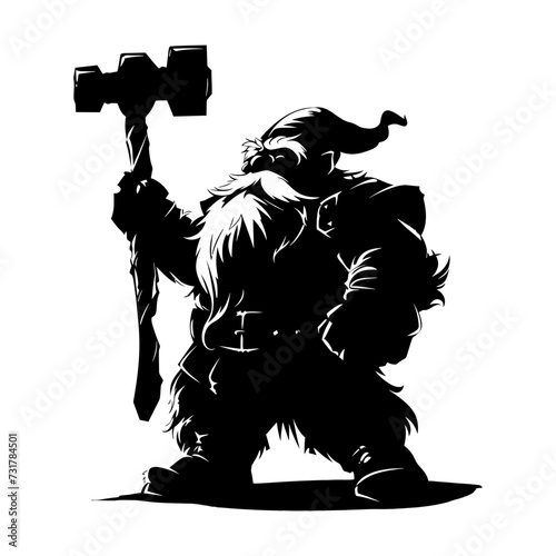 Silhouette dwarf mythical race from game with hammer black color only