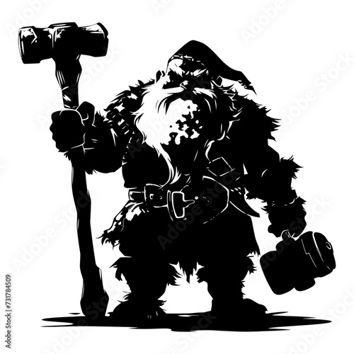 Silhouette dwarf mythical race from game with hammer black color only