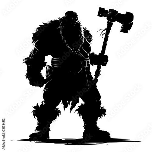 Silhouette dwarf mythical race from game with hammer black color only