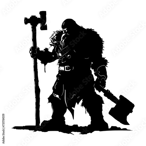 Silhouette dwarf mythical race from game with hammer black color only