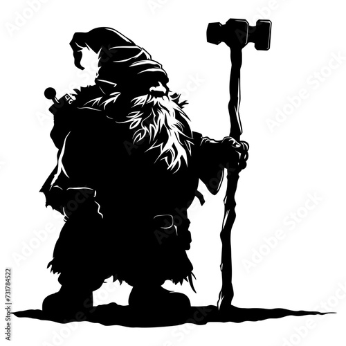 Silhouette dwarf mythical race from game with hammer black color only