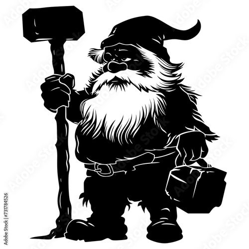 Silhouette dwarf mythical race from game with hammer black color only