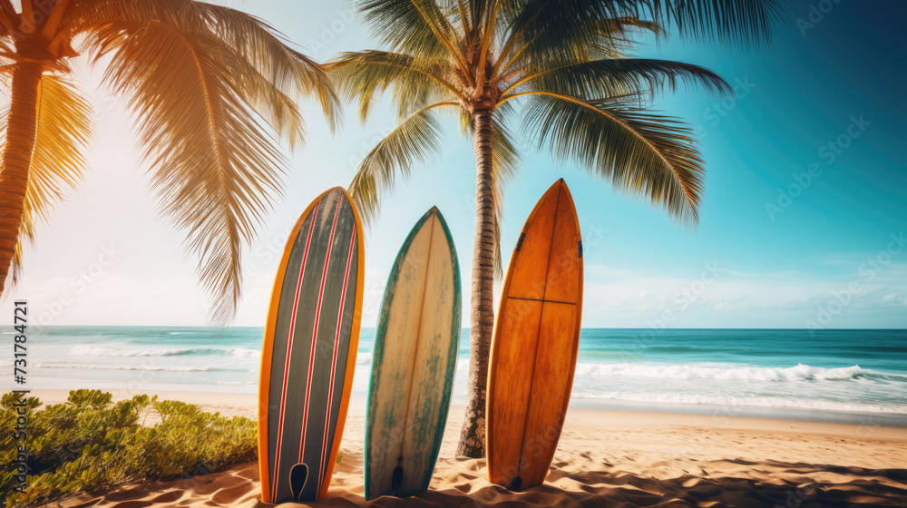 Surfboards on the beach. Blurred sea background with palm trees