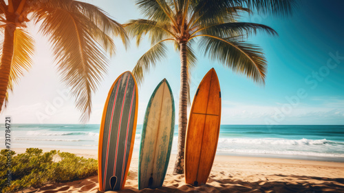 Surfboards on the beach. Blurred sea background with palm trees © brillianata
