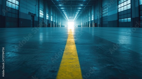 Industrial Warehouse Hallway with Yellow Line Leading to Bright Light