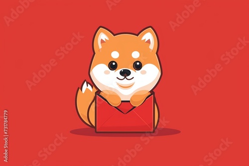 Cheerful chibi-style dog with a joyful expression against a vibrant red lucky envelope in a playful flat logo illustration © Silvana