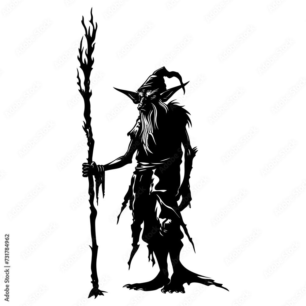 Silhouette goblin mythical race from game mage wit staff black color only