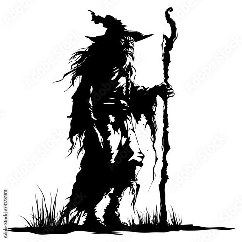 Silhouette goblin mythical race from game mage wit staff black color only