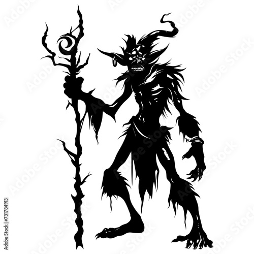 Silhouette goblin mythical race from game mage wit staff black color only