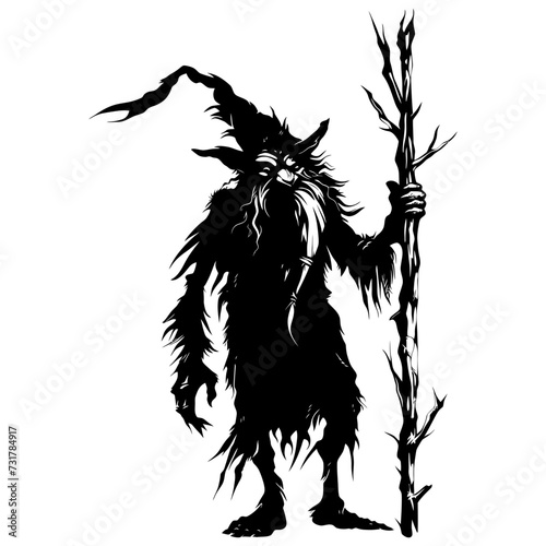 Silhouette goblin mythical race from game mage wit staff black color only