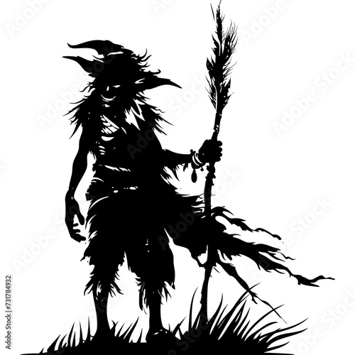 Silhouette goblin mythical race from game mage wit staff black color only