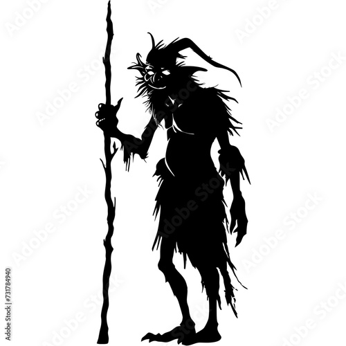 Silhouette goblin mythical race from game mage wit staff black color only