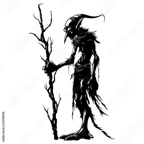 Silhouette goblin mythical race from game mage wit staff black color only