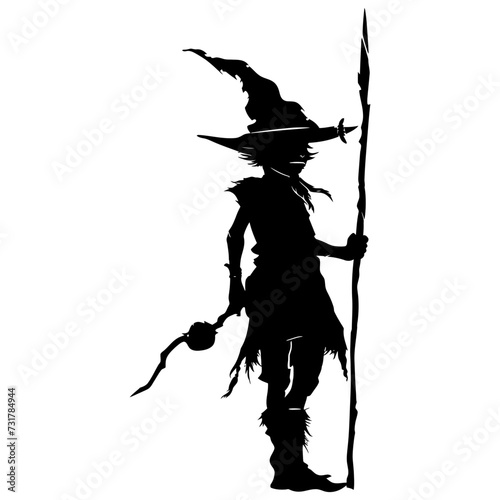 Silhouette goblin mythical race from game mage wit staff black color only