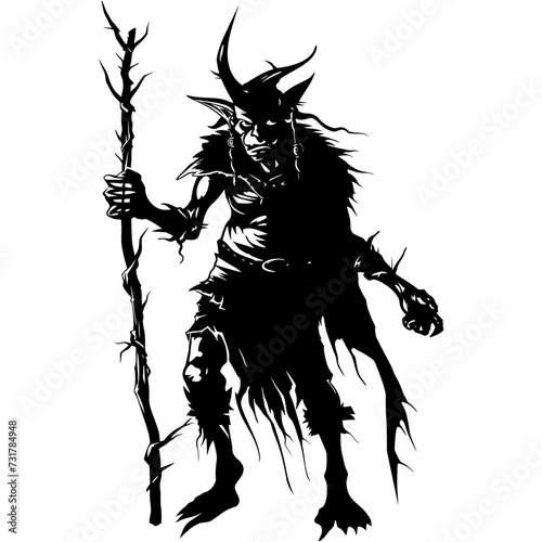 Silhouette goblin mythical race from game mage wit staff black color only