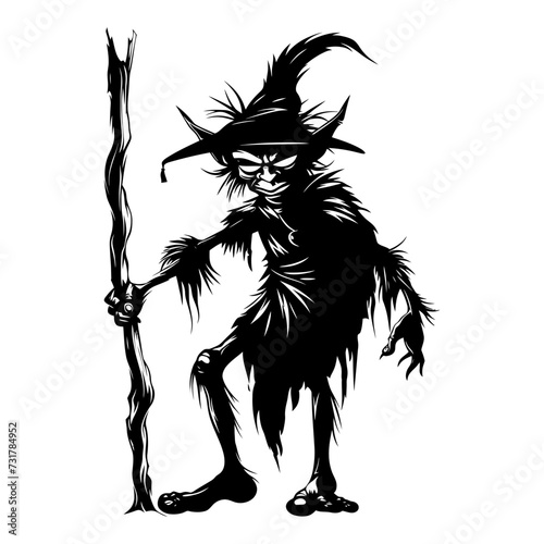 Silhouette goblin mythical race from game mage wit staff black color only