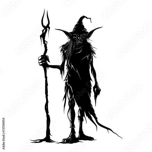 Silhouette goblin mythical race from game mage wit staff black color only