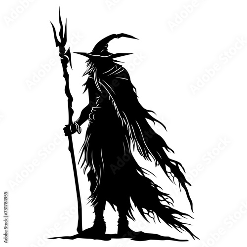 Silhouette goblin mythical race from game mage wit staff black color only