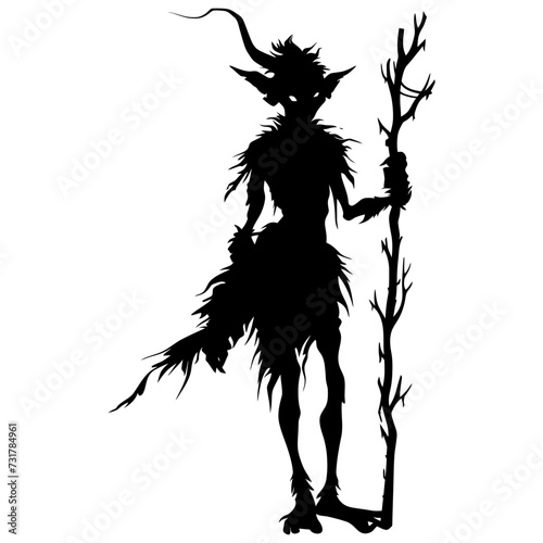Silhouette goblin mythical race from game mage wit staff black color only