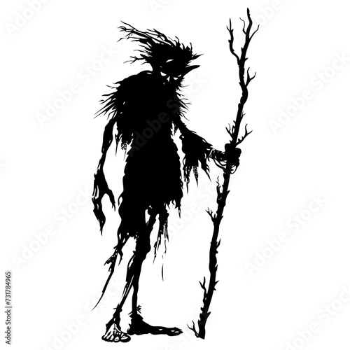 Silhouette goblin mythical race from game mage wit staff black color only
