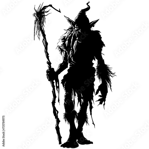 Silhouette goblin mythical race from game mage wit staff black color only